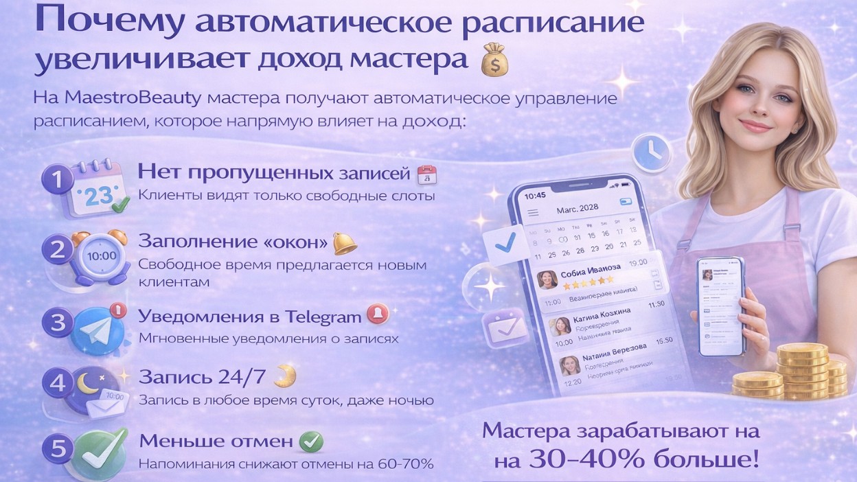 Почему автоматическое расписание увеличивает доход мастера 💰